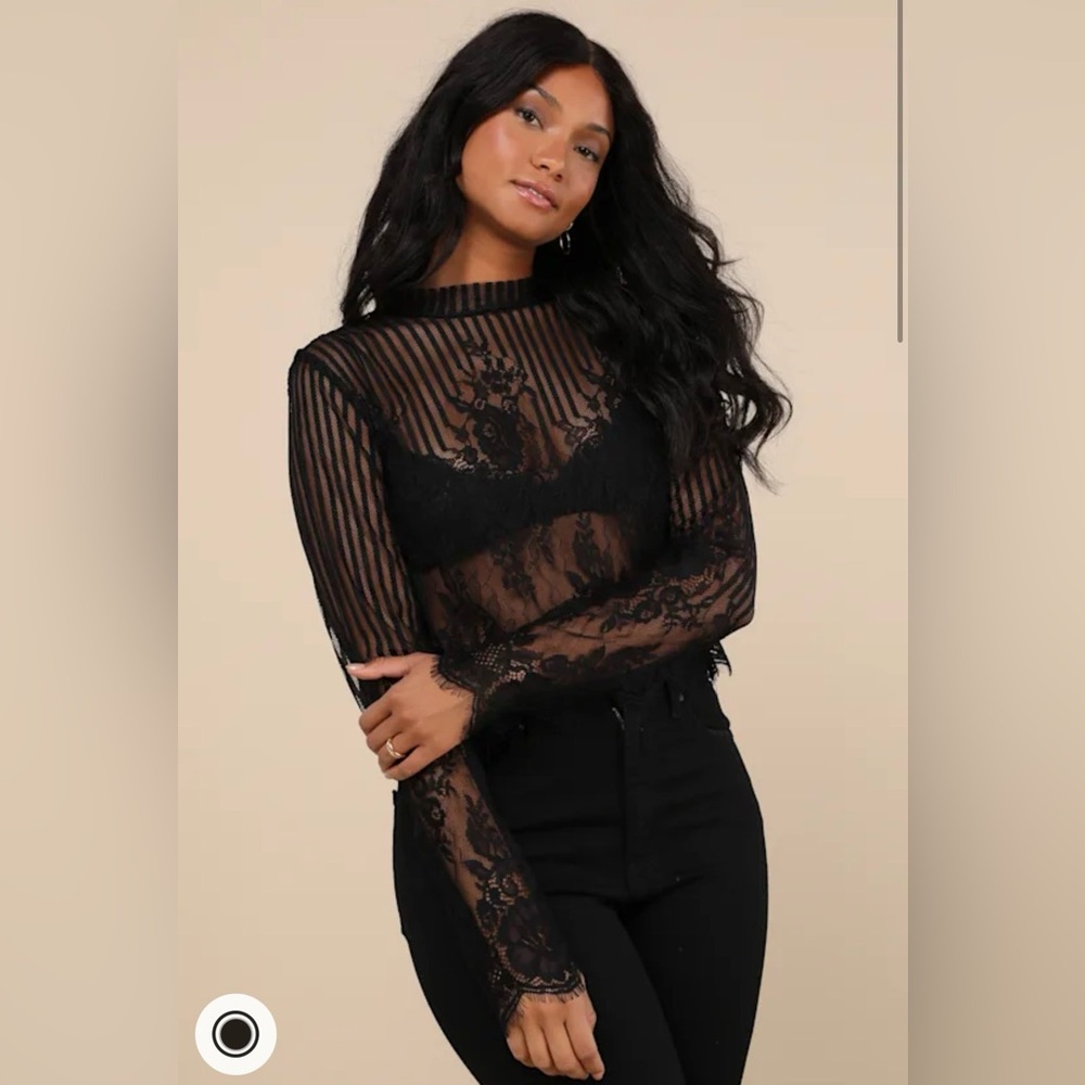 Lulu's Black Sheer Lace Long-Sleeve Mock Neck Top